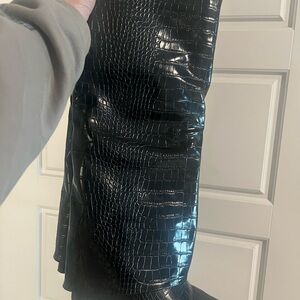 Black Croc-Embossed Pointed Toe Boots